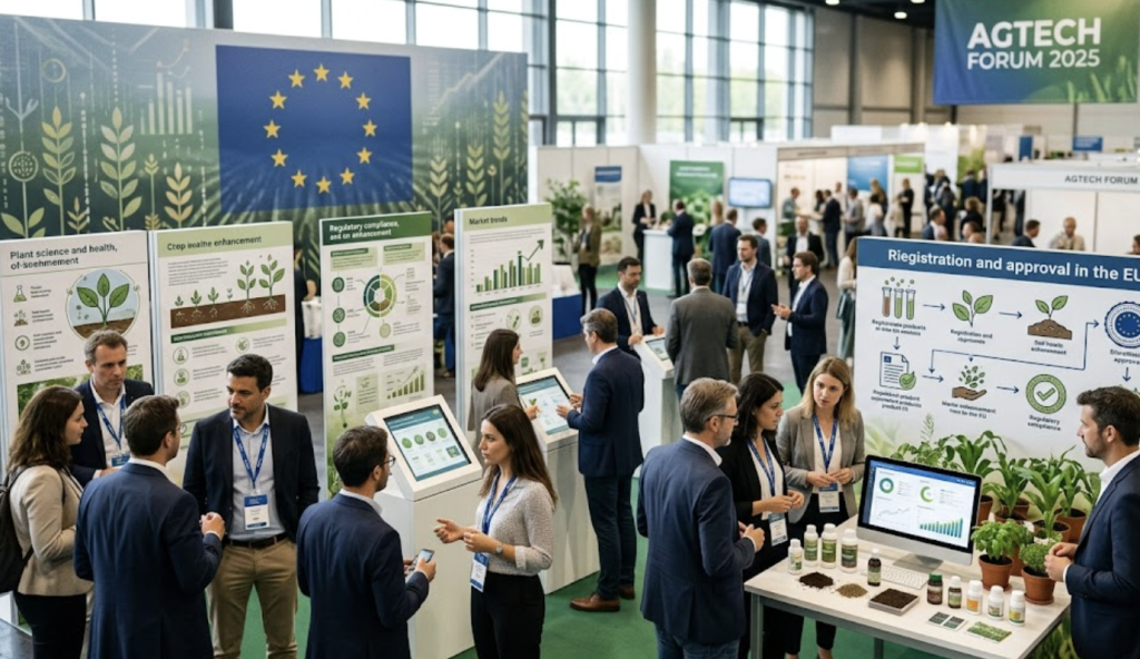 A regulatory affairs specialist and an agronomist reviewing a product dossier for compliance with EU biostimulant regulation in a modern AgTech laboratory.