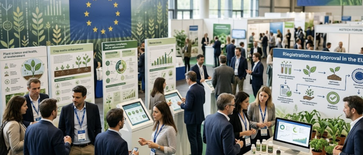 A regulatory affairs specialist and an agronomist reviewing a product dossier for compliance with EU biostimulant regulation in a modern AgTech laboratory.