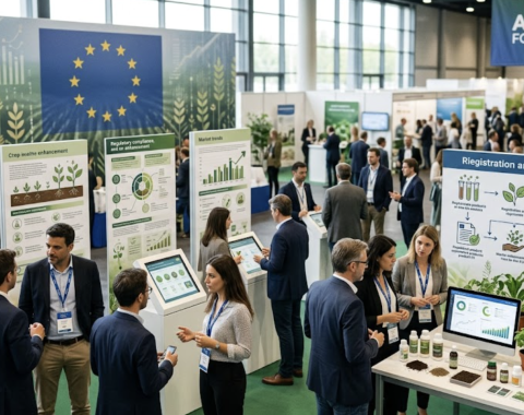 A regulatory affairs specialist and an agronomist reviewing a product dossier for compliance with EU biostimulant regulation in a modern AgTech laboratory.