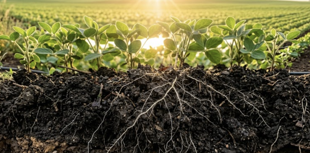 A close-up of healthy agricultural soil teeming with organic matter and plant roots, illustrating soil microbiome crop solutions in practice