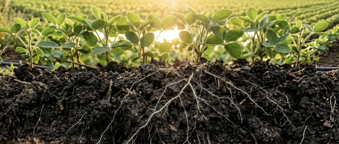 A close-up of healthy agricultural soil teeming with organic matter and plant roots, illustrating soil microbiome crop solutions in practice