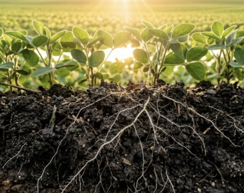 A close-up of healthy agricultural soil teeming with organic matter and plant roots, illustrating soil microbiome crop solutions in practice