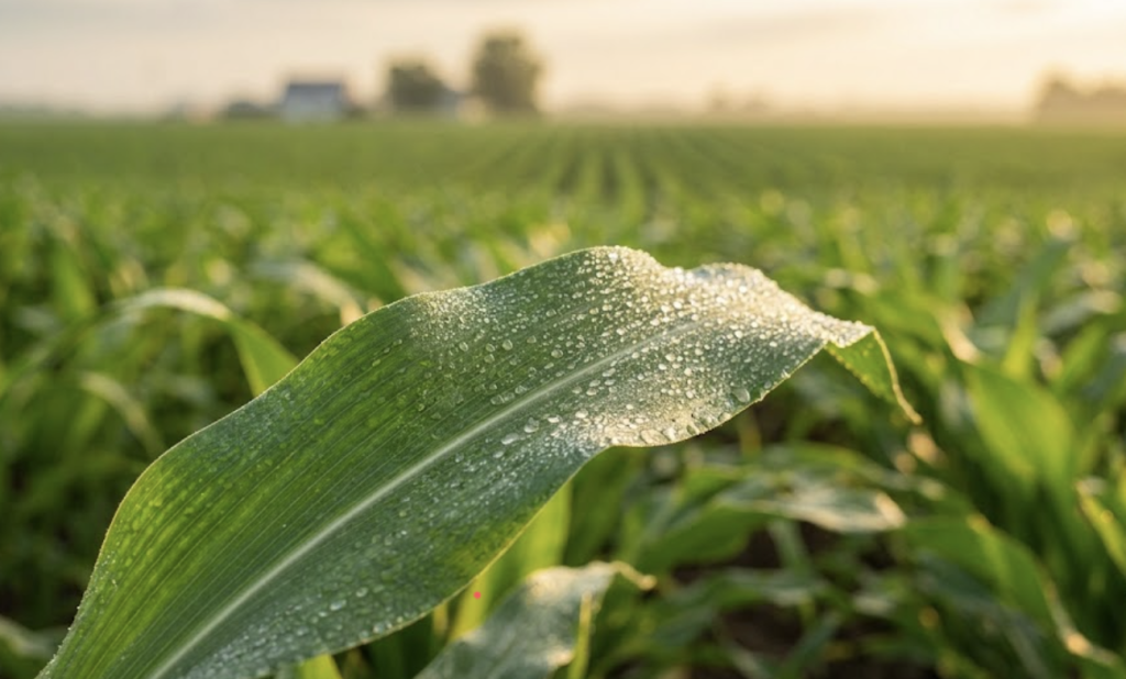 An agronomist examining healthy, stress-resilient crop leaves treated with seaweed biostimulant agriculture solutions in a sunny field.