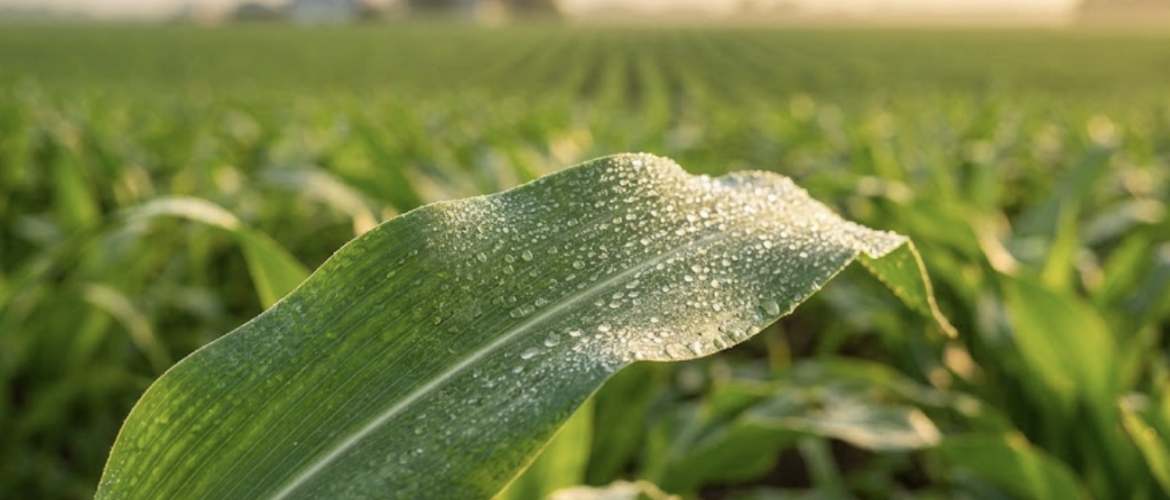 An agronomist examining healthy, stress-resilient crop leaves treated with seaweed biostimulant agriculture solutions in a sunny field.