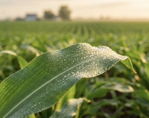An agronomist examining healthy, stress-resilient crop leaves treated with seaweed biostimulant agriculture solutions in a sunny field.