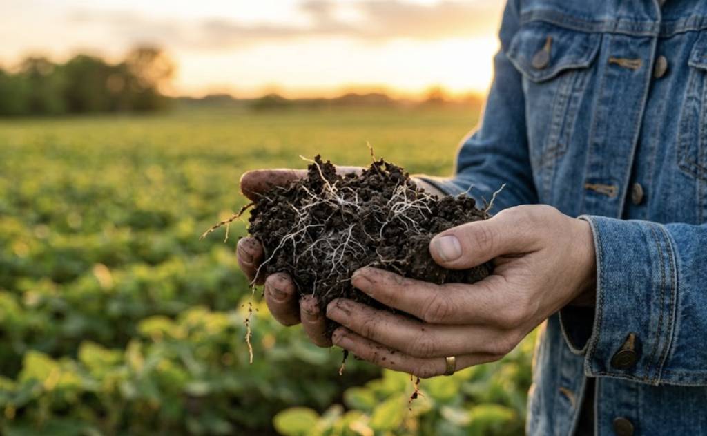Agronomist inspecting rich, dark soil roots in a field demonstrating smart soil health management.