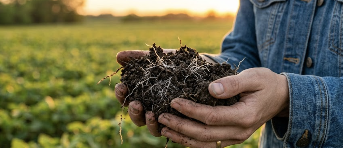 Agronomist inspecting rich, dark soil roots in a field demonstrating smart soil health management.